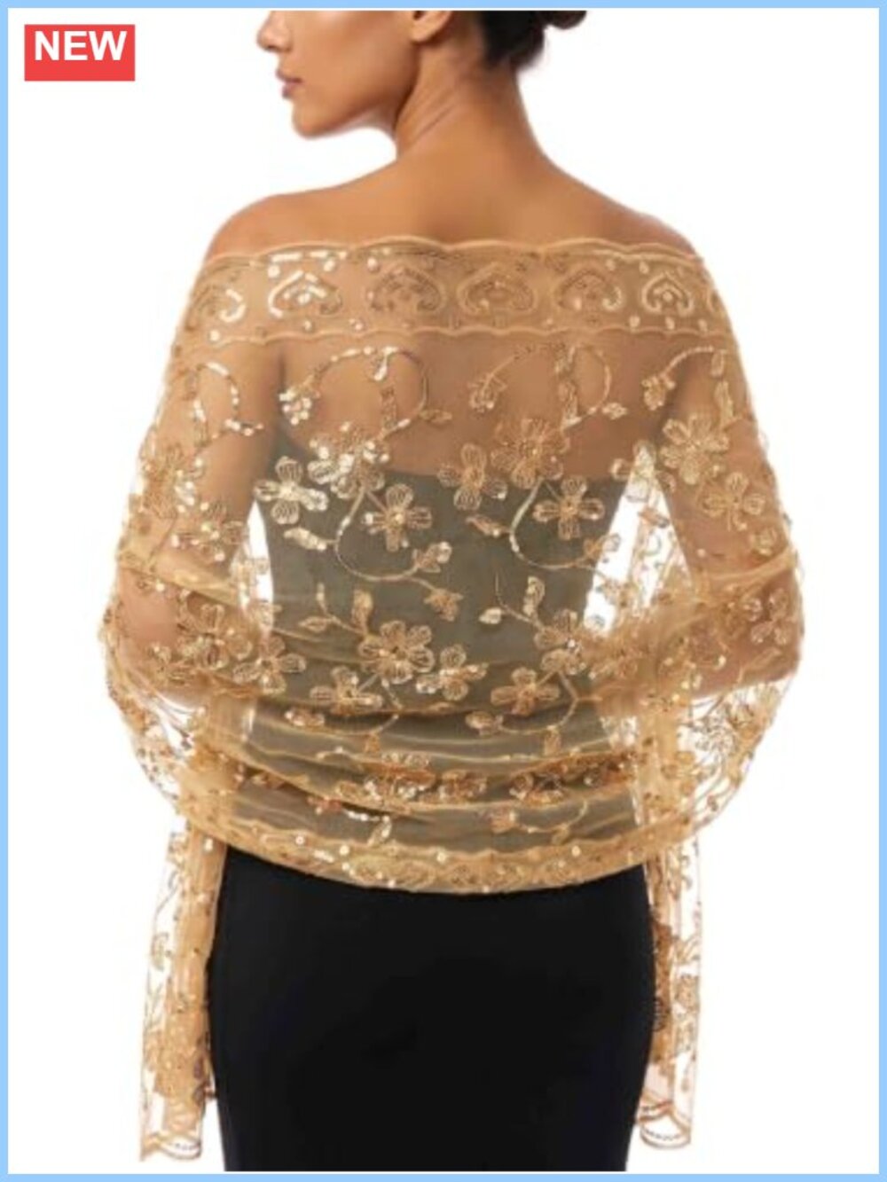 Gold Sequin Shawl Wrap Sparkle Sheer Scarf Evening Wedding Cover Up